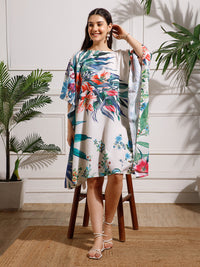 White Green Printed Georgette Kaftan Dress