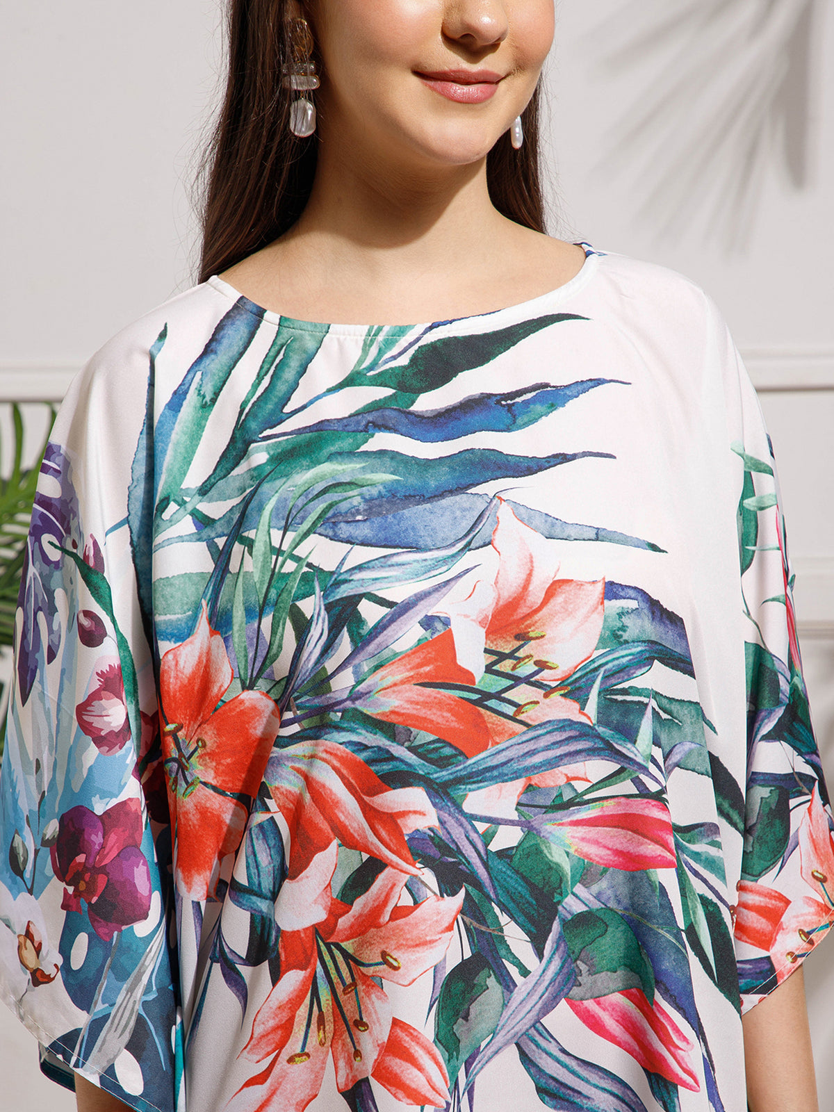 White Green Printed Georgette Kaftan Dress