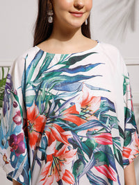 White Green Printed Georgette Kaftan Dress
