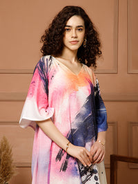 Aditi Wasan V-Neck Cotton Pink-Blue Midi Kaftan Kurti