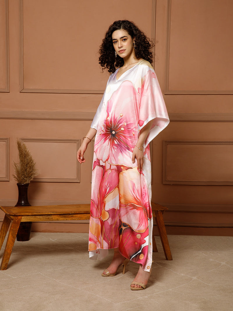 Aditi Wasan V-Neck Satin Coral Pink Kaftan Maxi Dress