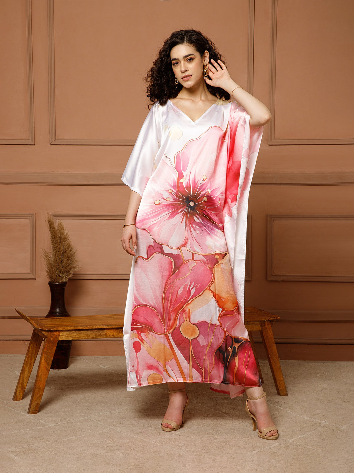 Aditi Wasan V-Neck Satin Coral Pink Kaftan Maxi Dress
