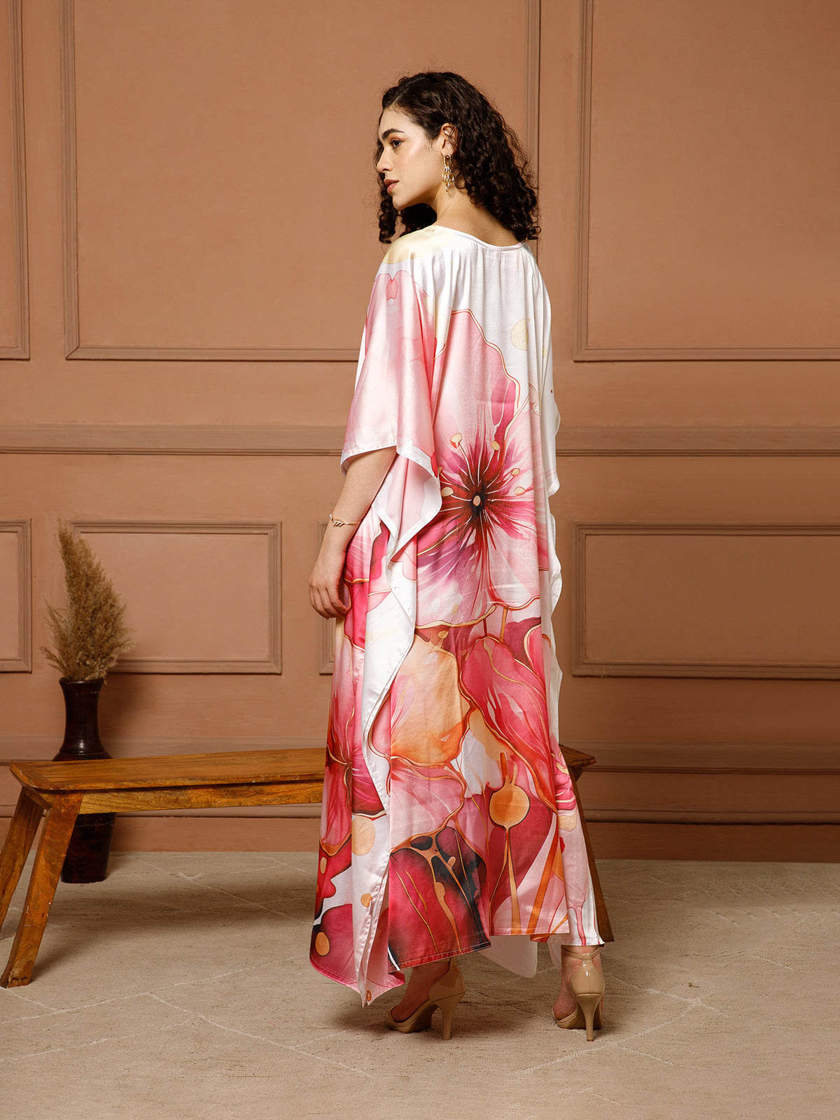 Aditi Wasan V-Neck Satin Coral Pink Kaftan Maxi Dress