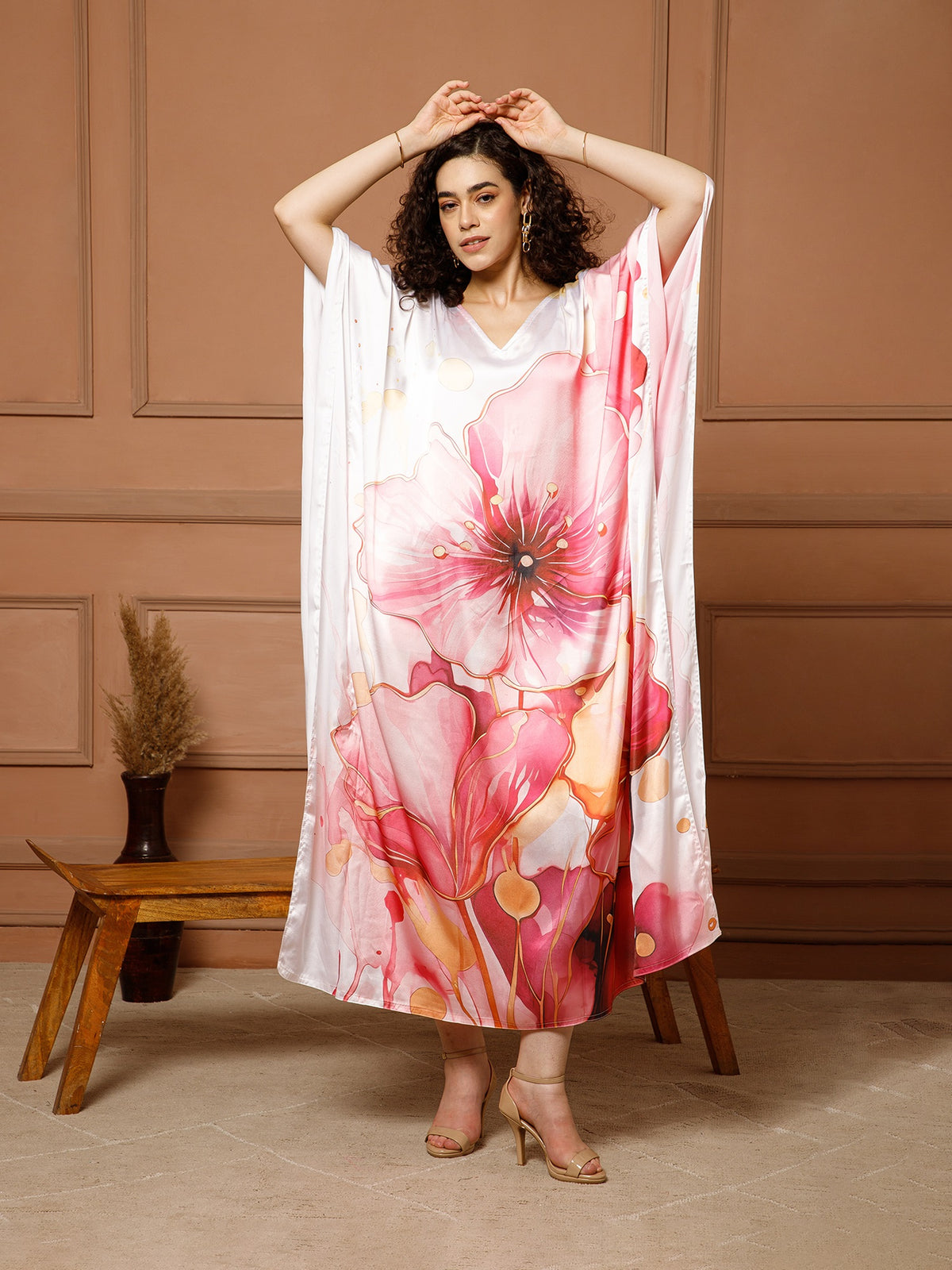 Aditi Wasan V-Neck Satin Coral Pink Kaftan Maxi Dress