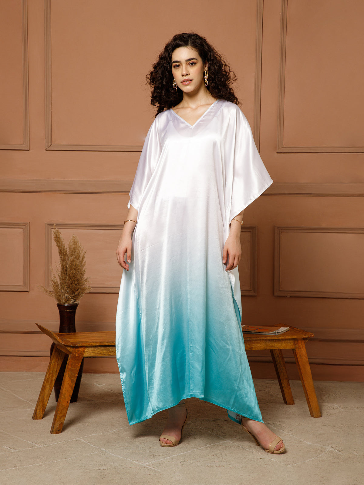 Aditi Wasan V-Neck Satin Ombre Blue Kaftan Maxi Dress