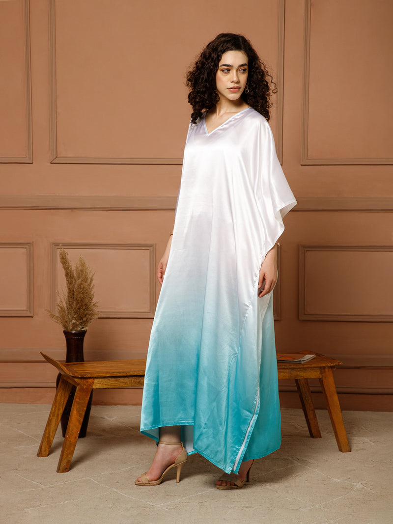 Aditi Wasan V-Neck Satin Ombre Blue Kaftan Maxi Dress
