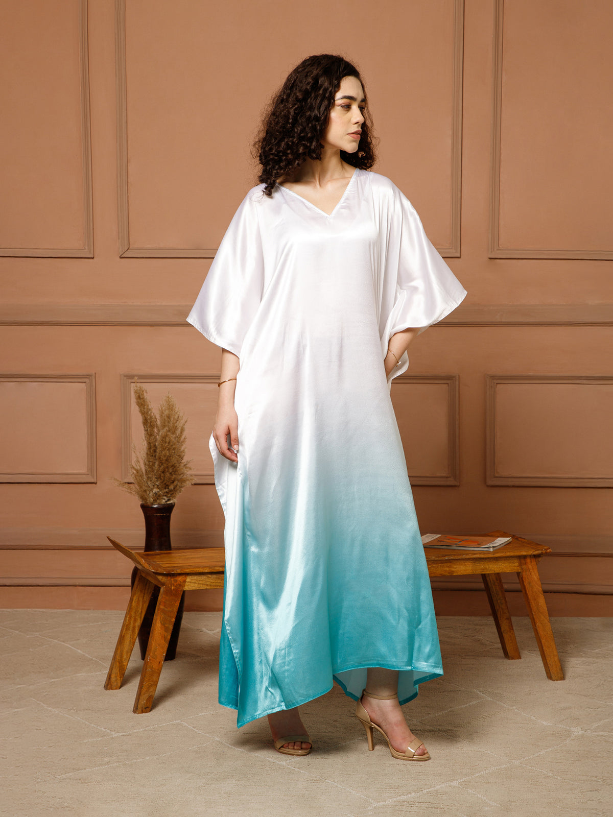 Aditi Wasan V-Neck Satin Ombre Blue Kaftan Maxi Dress