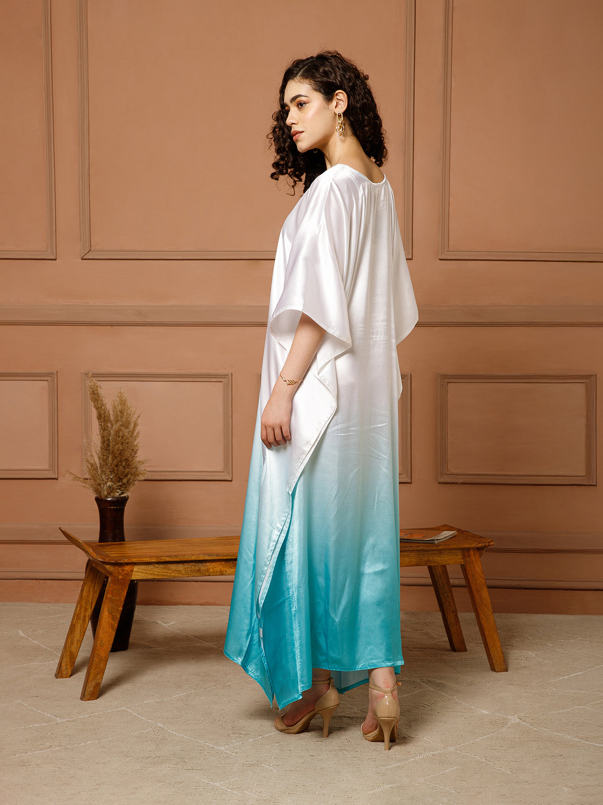 Aditi Wasan V-Neck Satin Ombre Blue Kaftan Maxi Dress