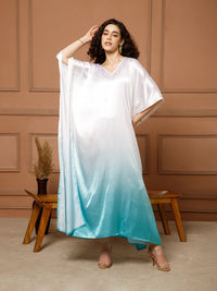 Aditi Wasan V-Neck Satin Ombre Blue Kaftan Maxi Dress