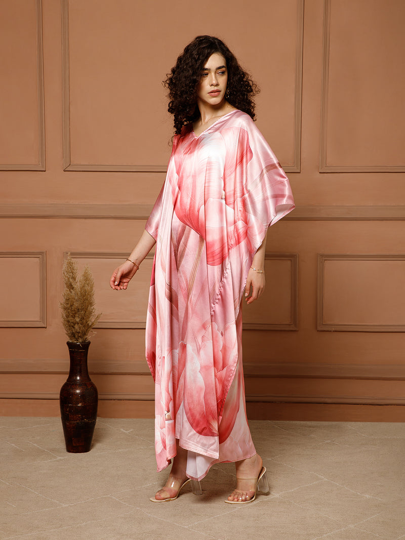 Aditi Wasan V-Neck Satin Peach Kaftan Maxi Dress