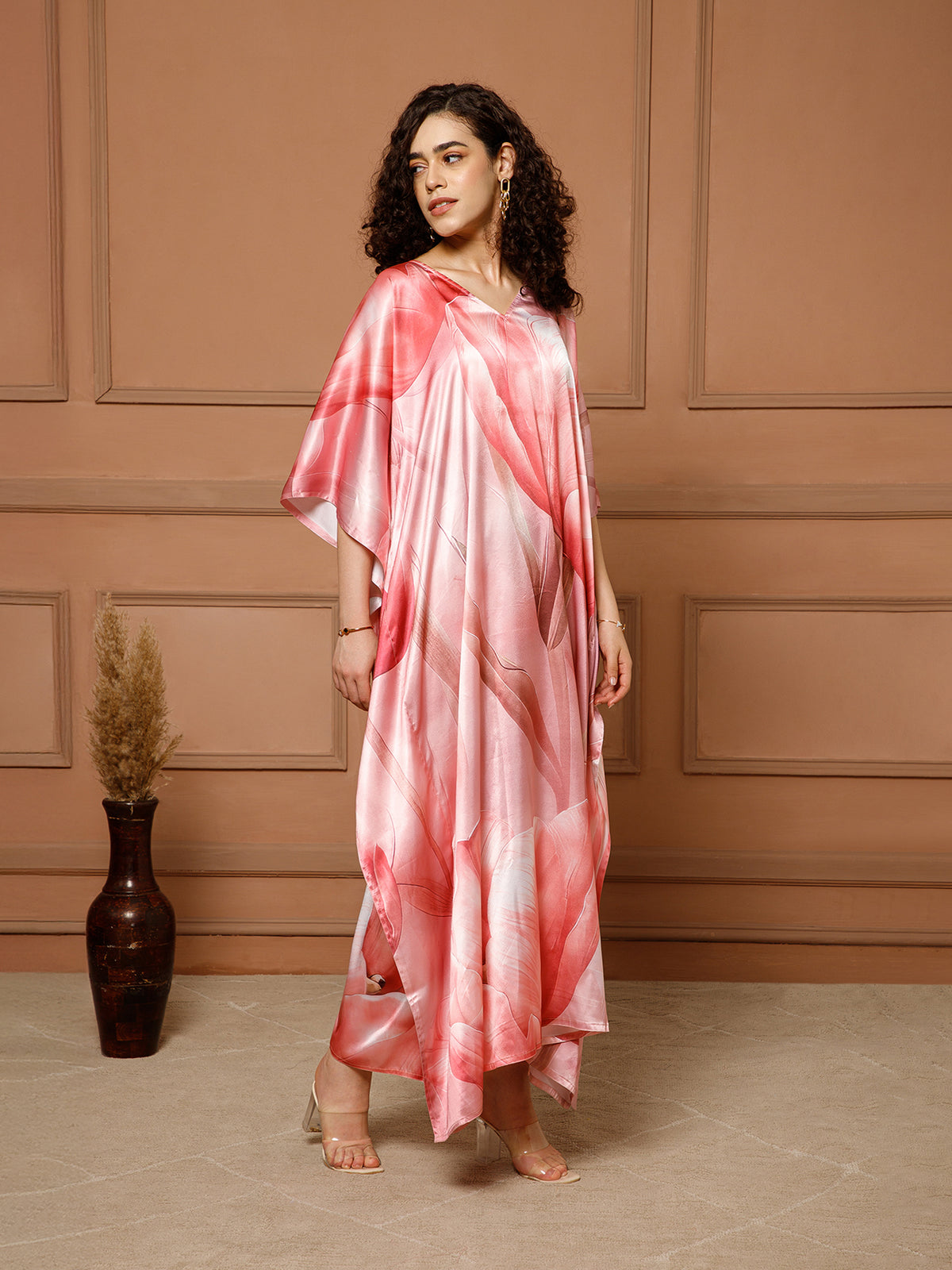 Aditi Wasan V-Neck Satin Peach Kaftan Maxi Dress