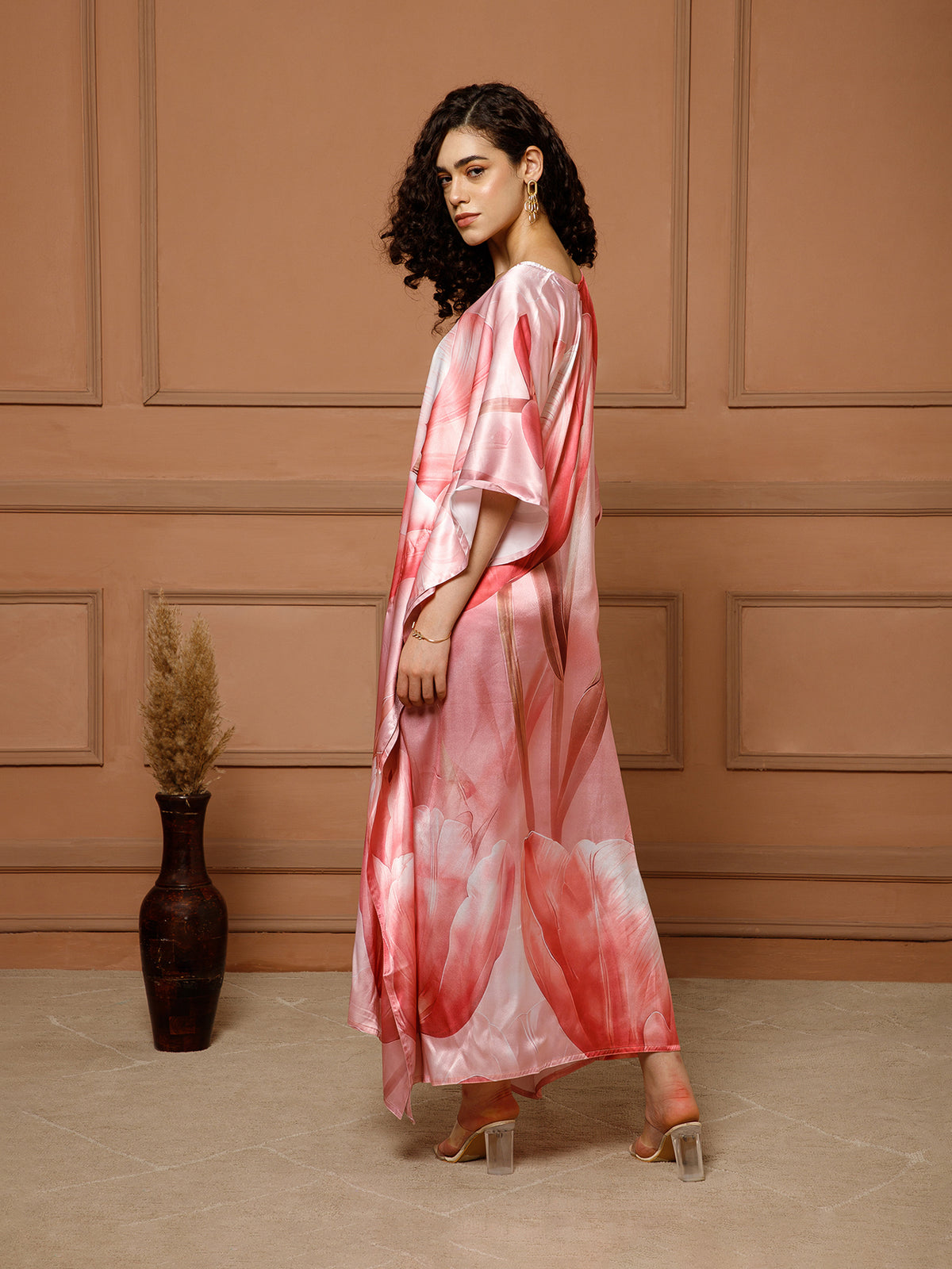 Aditi Wasan V-Neck Satin Peach Kaftan Maxi Dress