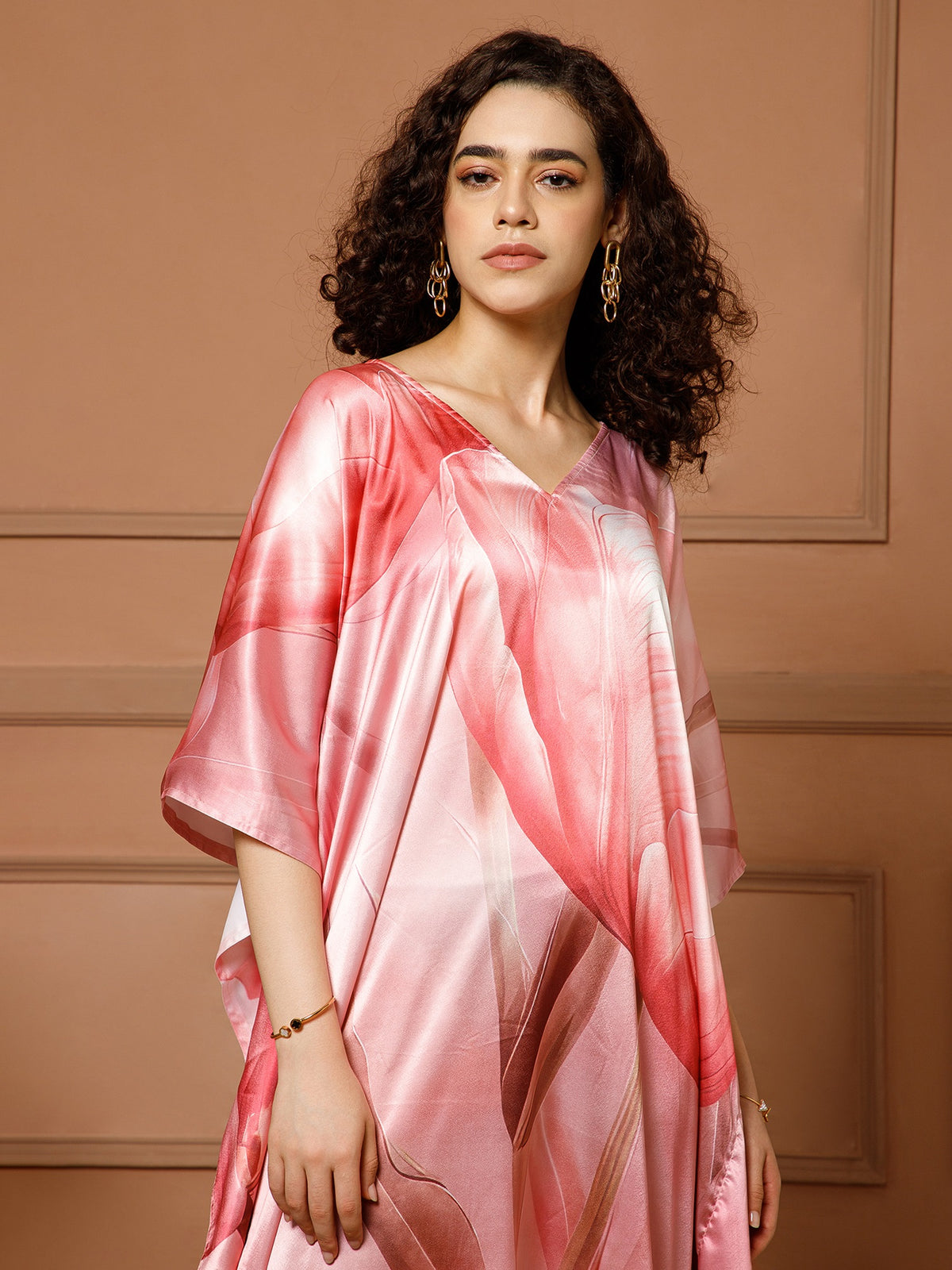 Aditi Wasan V-Neck Satin Peach Kaftan Maxi Dress