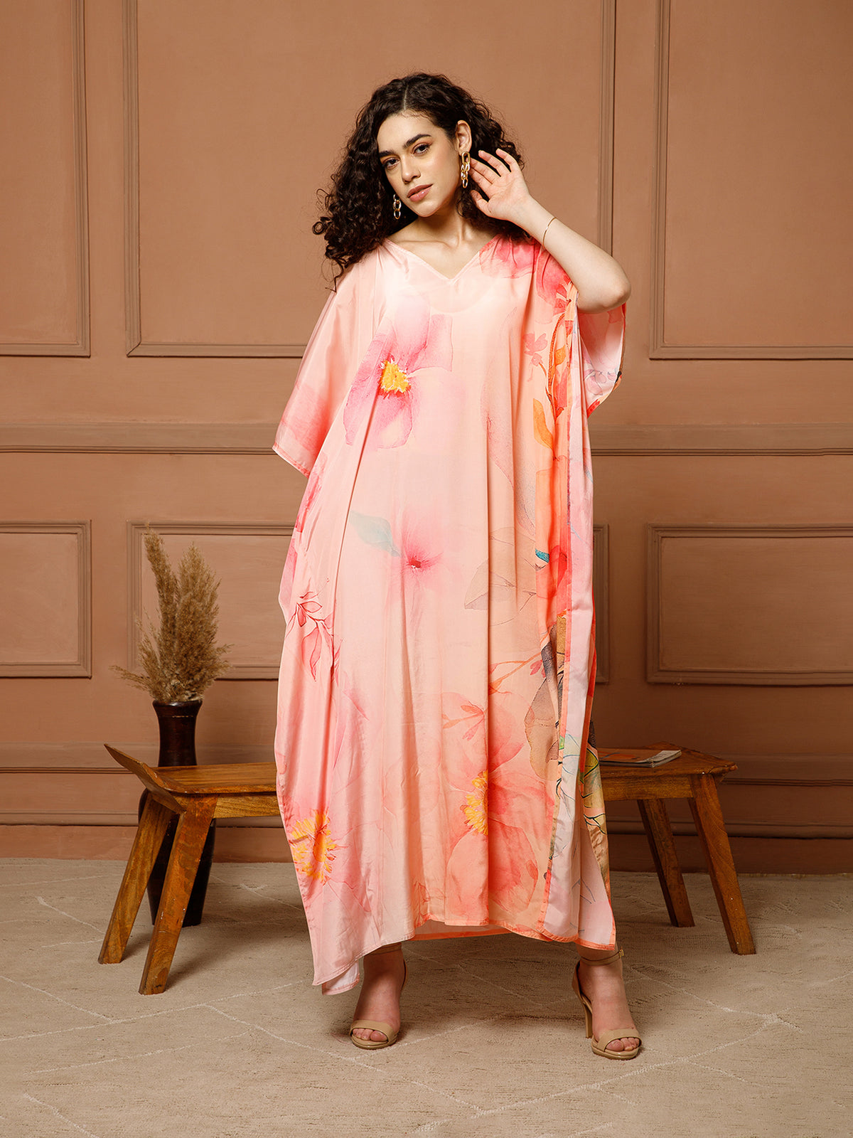 Aditi Wasan V-Neck Silk Peach Kaftan Maxi Dress