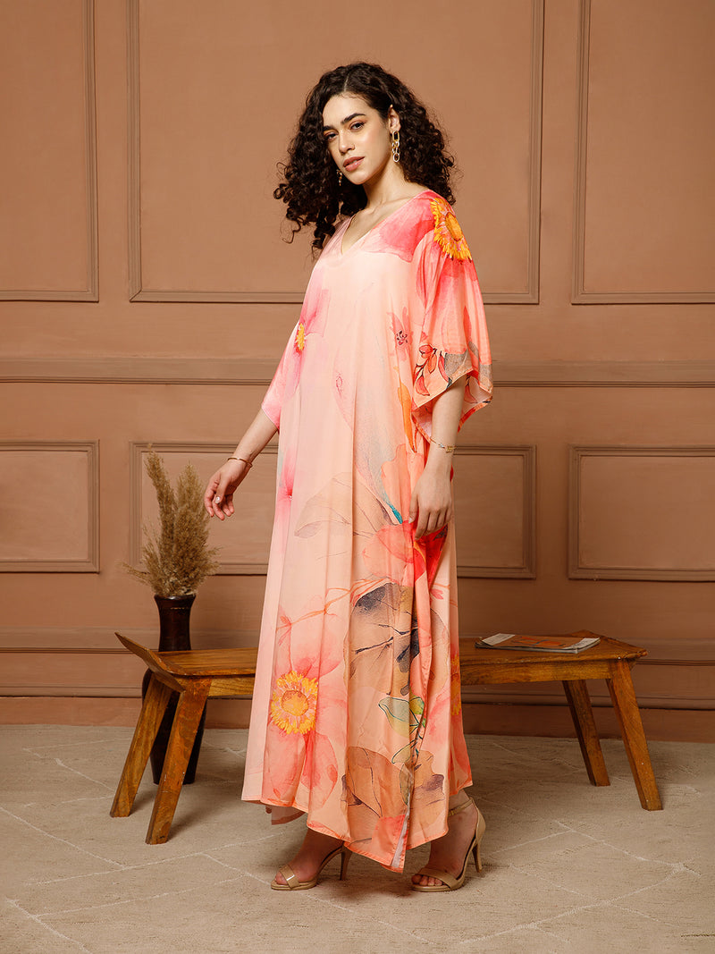 Aditi Wasan V-Neck Silk Peach Kaftan Maxi Dress