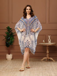 White Printed Georgette V-Neck Kaftan Dress