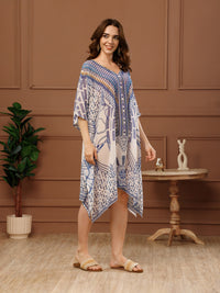 White Printed Georgette V-Neck Kaftan Dress