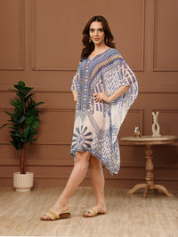 White Printed Georgette V-Neck Kaftan Dress