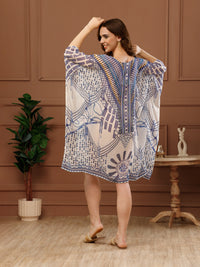 White Printed Georgette V-Neck Kaftan Dress