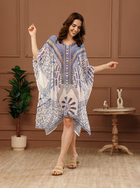 White Printed Georgette V-Neck Kaftan Dress