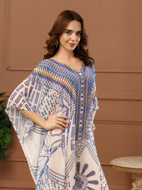 White Printed Georgette V-Neck Kaftan Dress