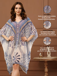 White Printed Georgette V-Neck Kaftan Dress