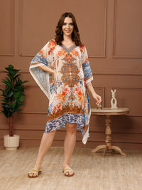 White & Red Printed Georgette V-Neck Kaftan Dress