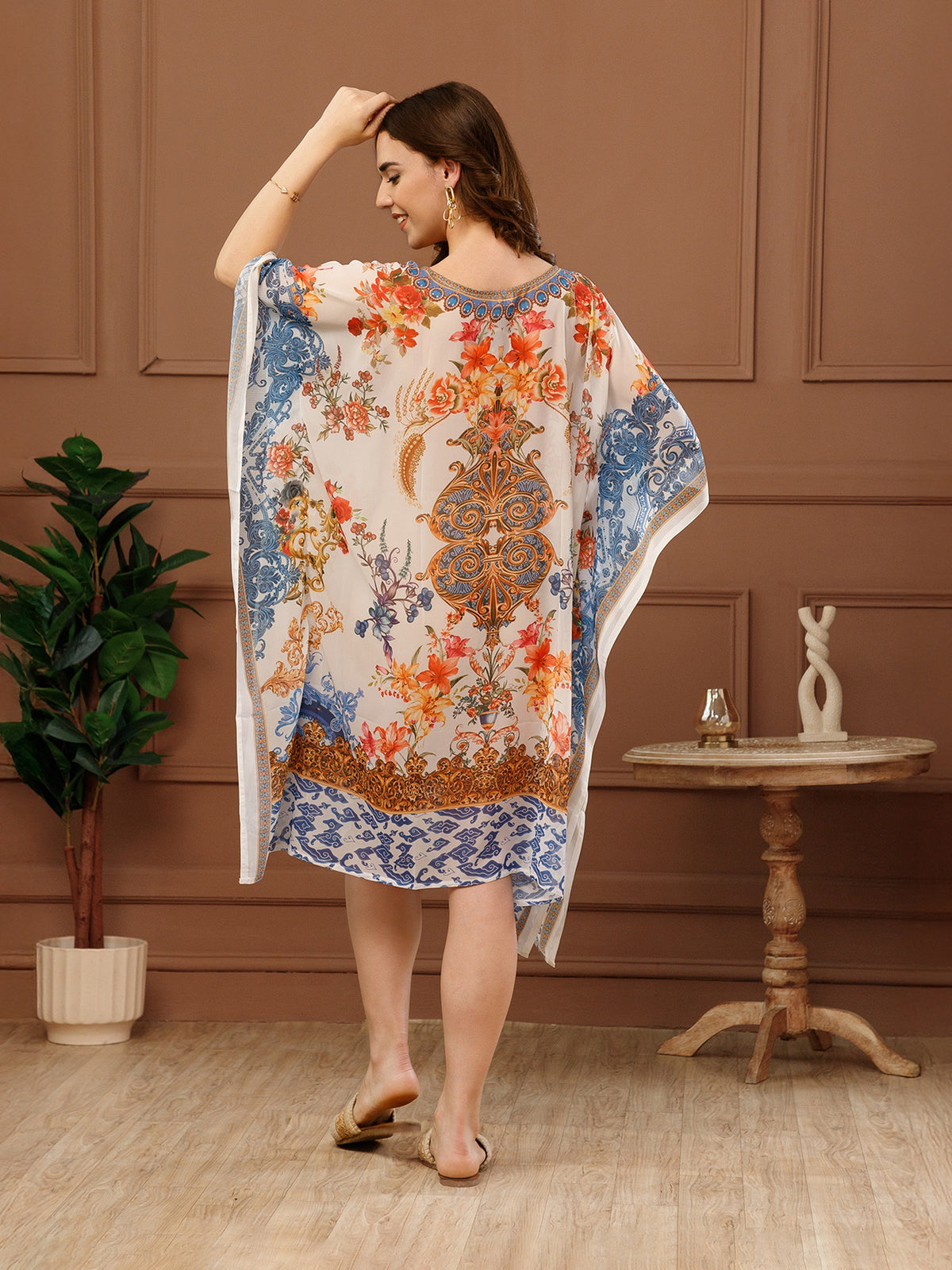 White & Red Printed Georgette V-Neck Kaftan Dress