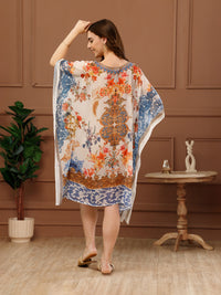 White & Red Printed Georgette V-Neck Kaftan Dress