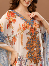 White & Red Printed Georgette V-Neck Kaftan Dress