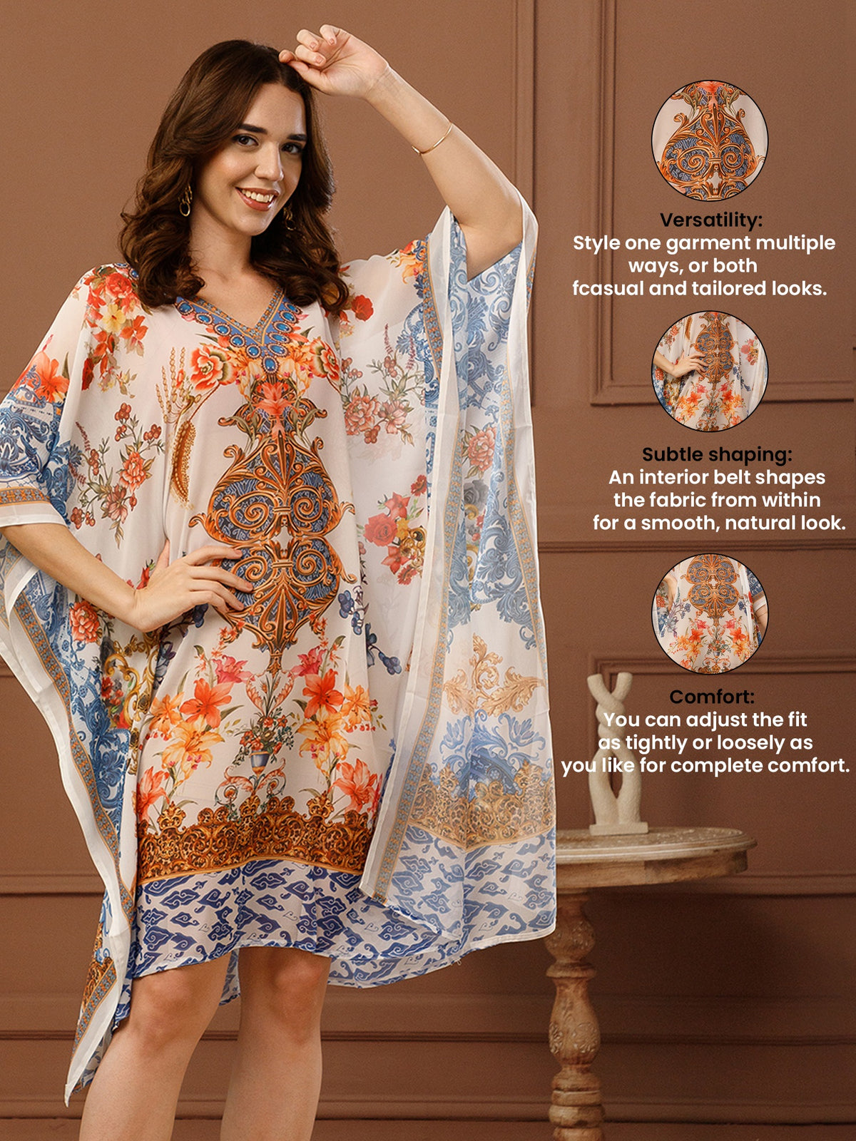White & Red Printed Georgette V-Neck Kaftan Dress