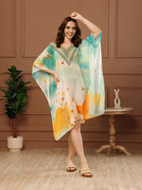 Mint Green Printed Georgette V-Neck Kaftan Dress