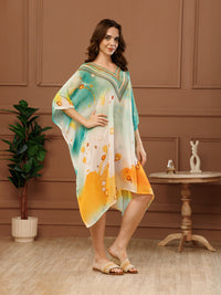 Mint Green Printed Georgette V-Neck Kaftan Dress