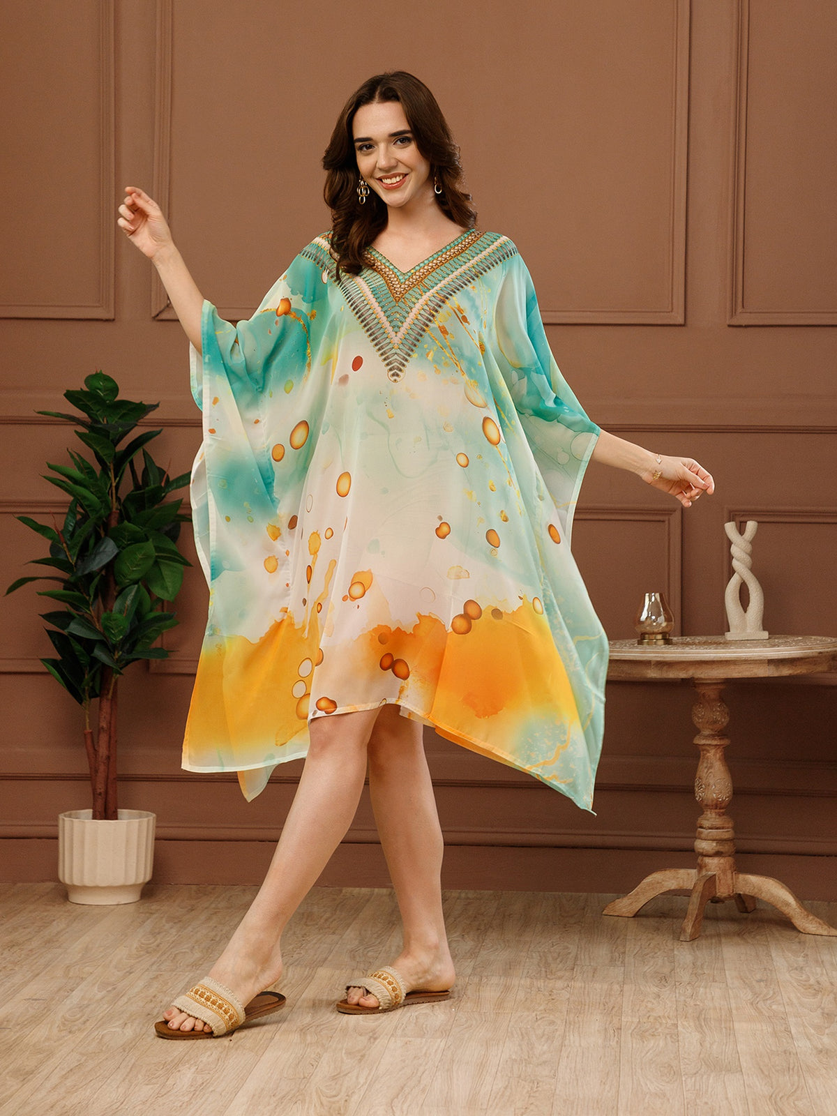 Mint Green Printed Georgette V-Neck Kaftan Dress