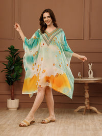 Mint Green Printed Georgette V-Neck Kaftan Dress