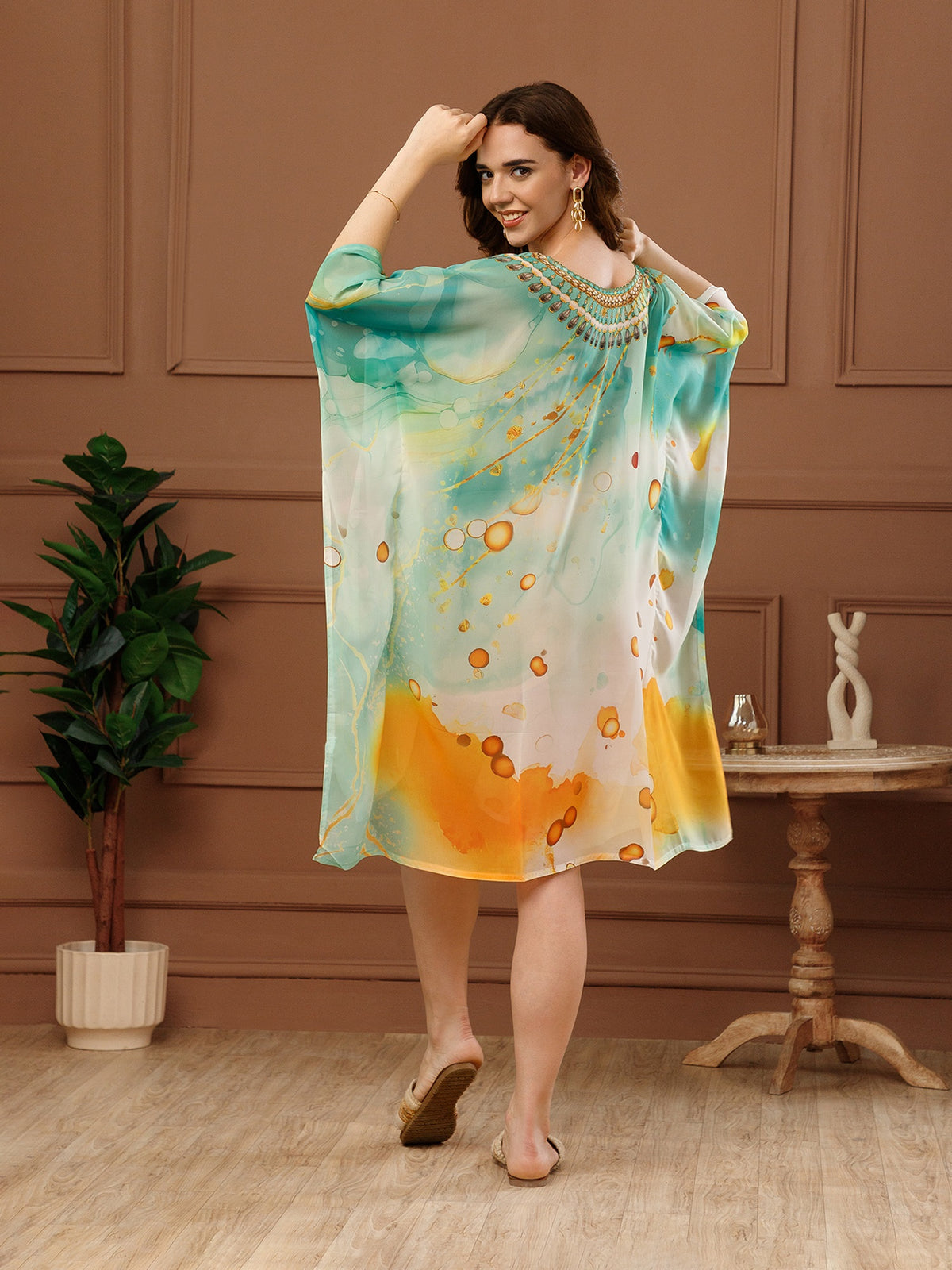 Mint Green Printed Georgette V-Neck Kaftan Dress