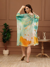 Mint Green Printed Georgette V-Neck Kaftan Dress