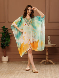 Mint Green Printed Georgette V-Neck Kaftan Dress