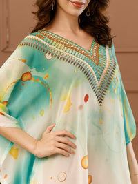 Mint Green Printed Georgette V-Neck Kaftan Dress