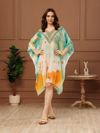 Mint Green Printed Georgette V-Neck Kaftan Dress