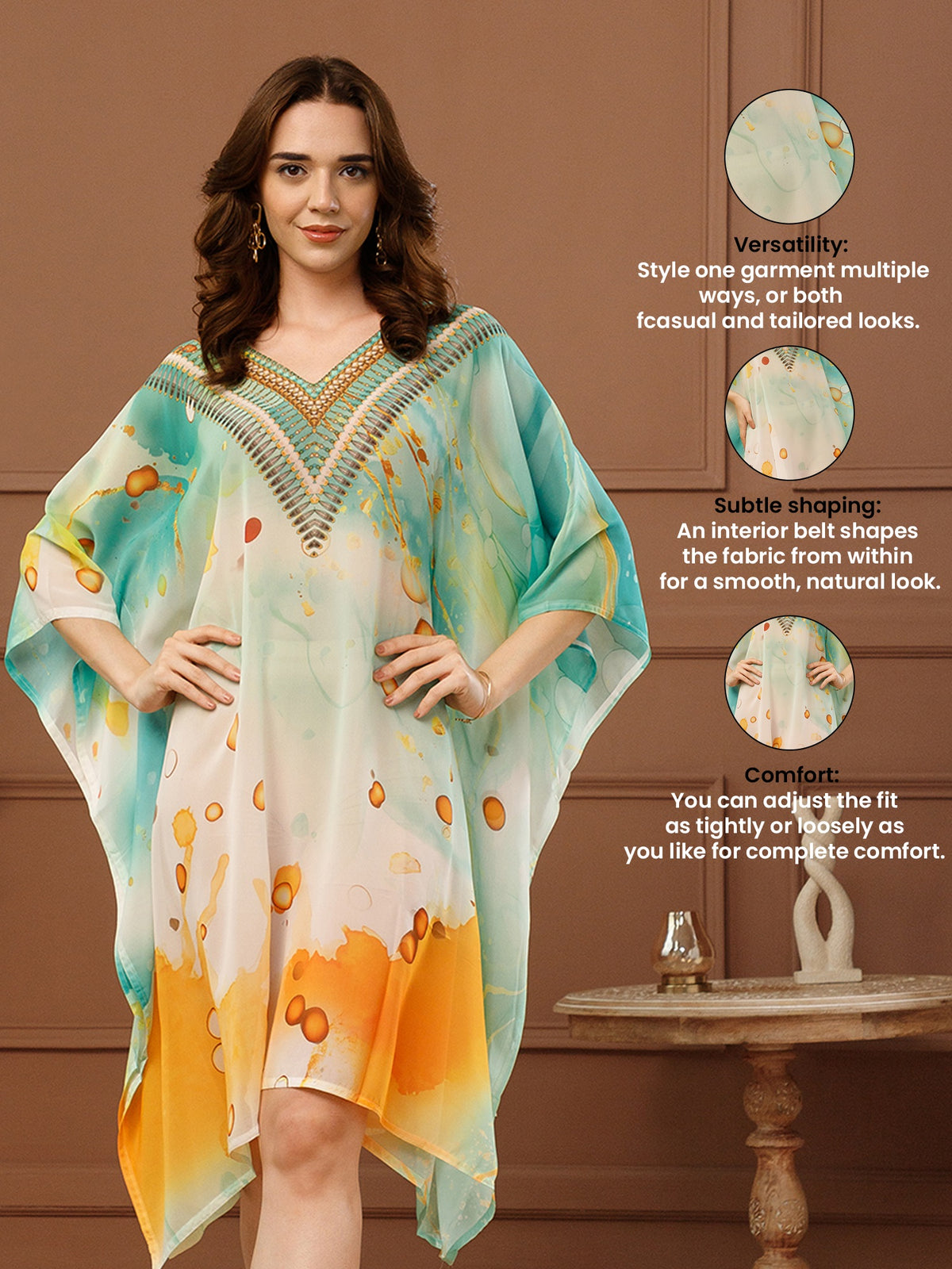 Mint Green Printed Georgette V-Neck Kaftan Dress