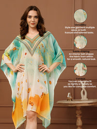 Mint Green Printed Georgette V-Neck Kaftan Dress