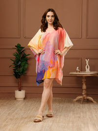 Pink Abstract Cotton V-Neck Kaftan Dress