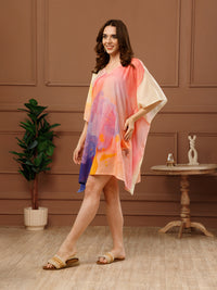 Pink Abstract Cotton V-Neck Kaftan Dress