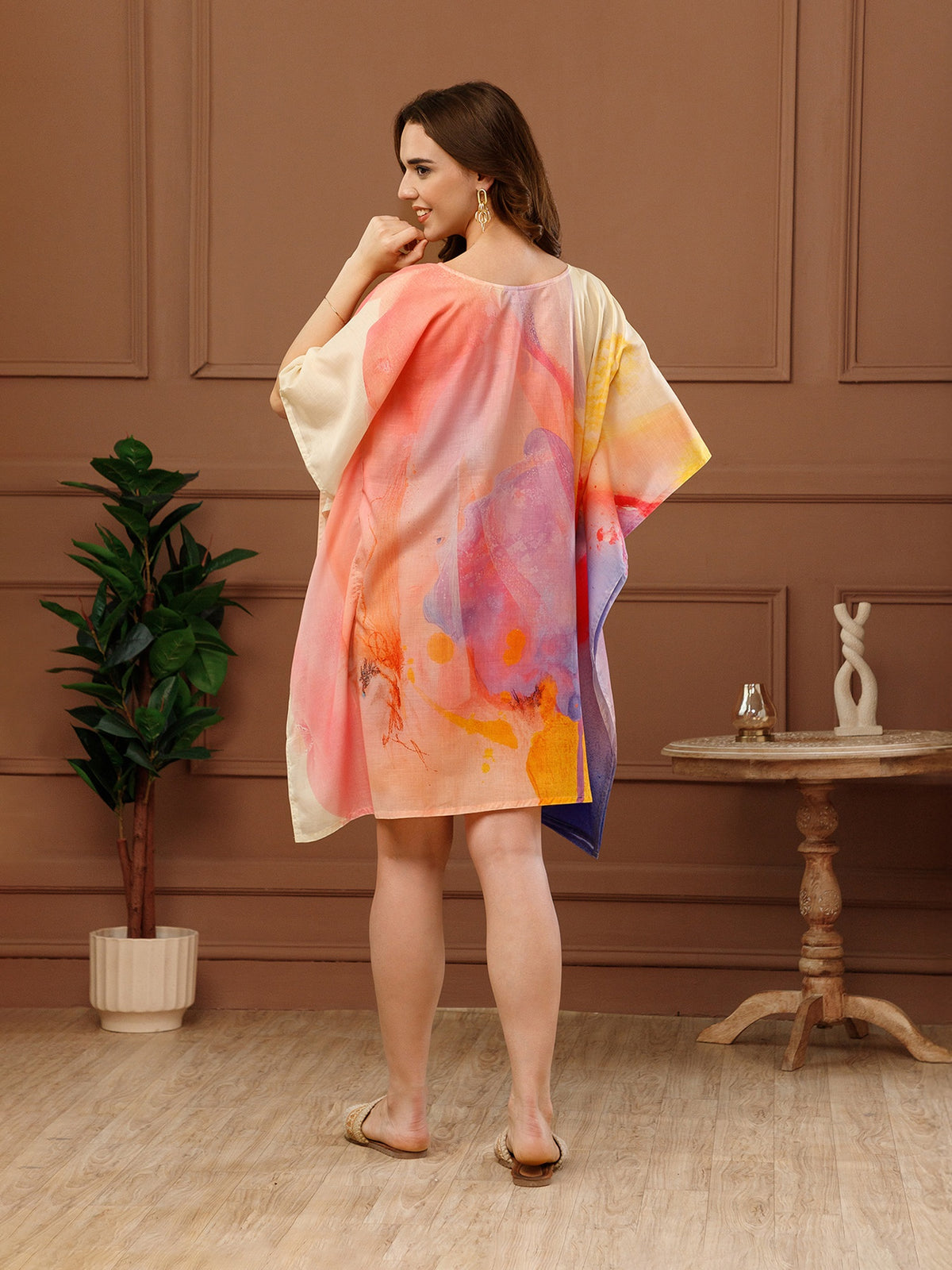 Pink Abstract Cotton V-Neck Kaftan Dress