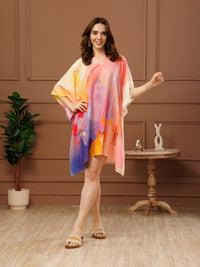 Pink Abstract Cotton V-Neck Kaftan Dress