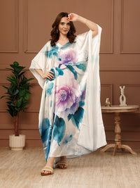 Off-white Printed Satin V-Neck Kaftan Maxi Dress