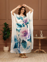 Off-white Printed Satin V-Neck Kaftan Maxi Dress