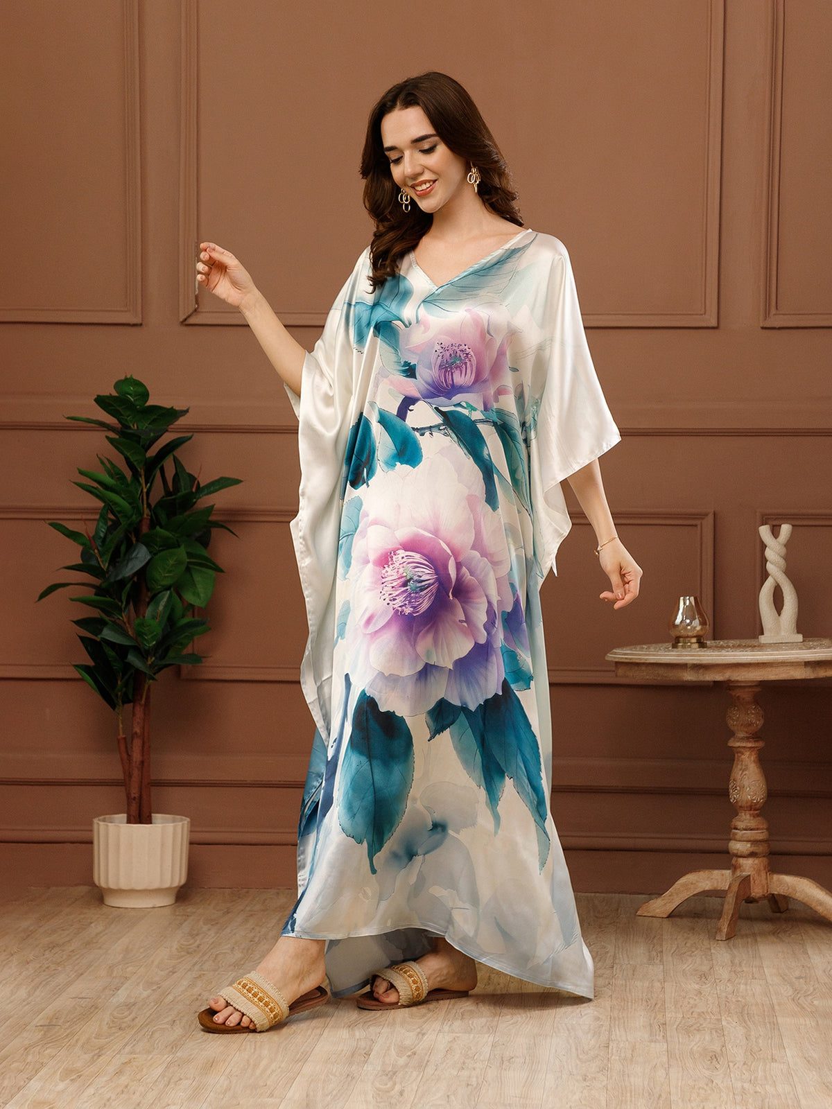 Off-white Printed Satin V-Neck Kaftan Maxi Dress