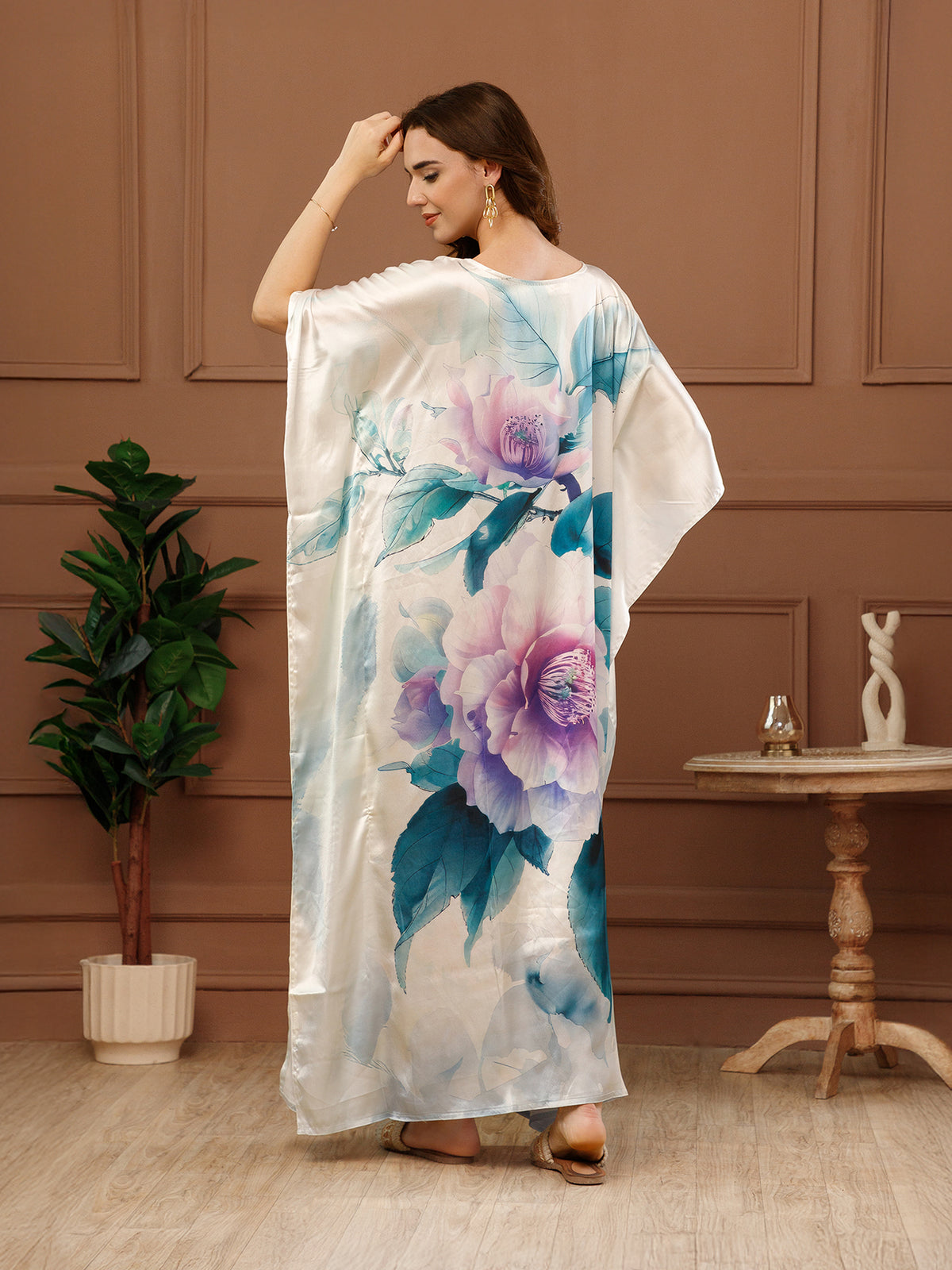 Off-white Printed Satin V-Neck Kaftan Maxi Dress
